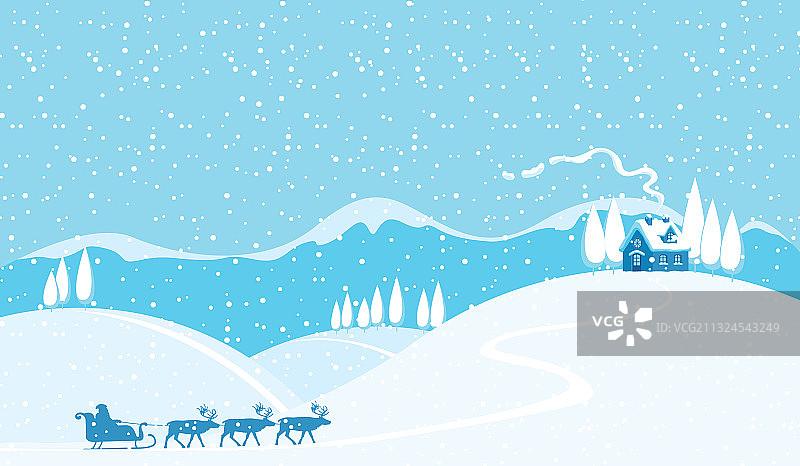 圣诞老人和驯鹿的冬日雪景图片素材