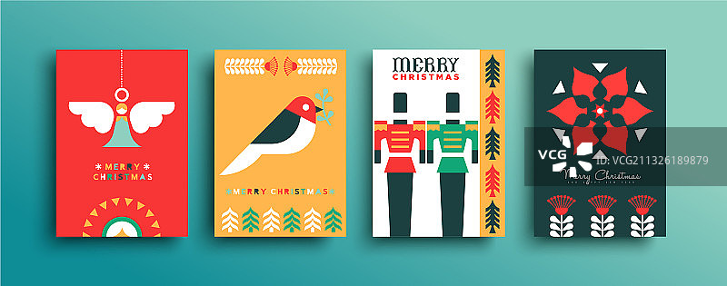 圣诞快乐平民间艺术装饰卡片套装图片素材