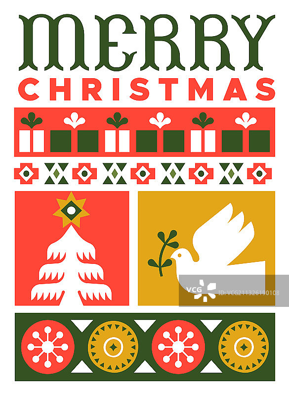 圣诞快乐现代扁平圣诞民间艺术卡片图片素材