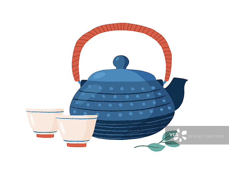 铸铁彩色茶壶与可爱的杯子和图片素材