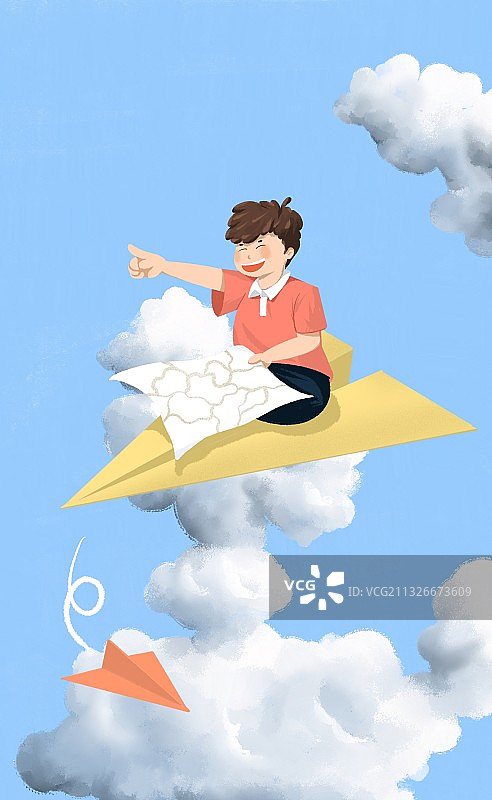 男孩坐在纸飞机上飞行插画图片素材