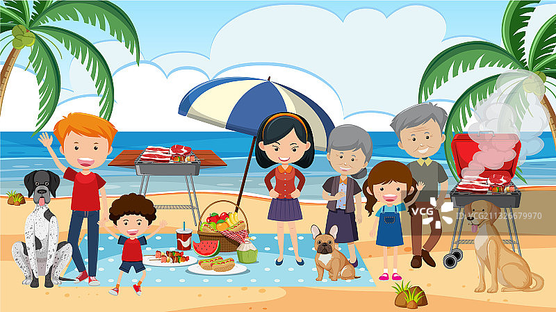 与幸福的家人在海滩野餐的场景图片素材