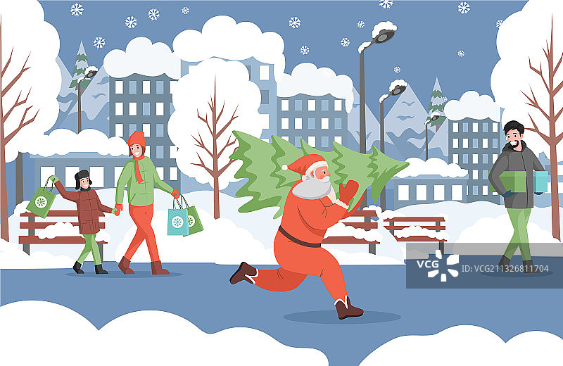 圣诞老人和圣诞树人一起奔跑图片素材