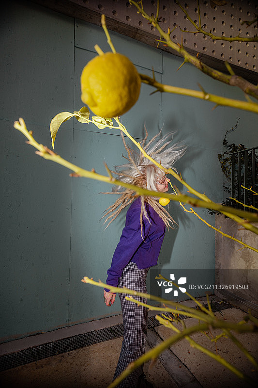 在法国马赛的工作室里，兴奋的年轻女子在一棵黄色柠檬树后跳舞的肖像图片素材