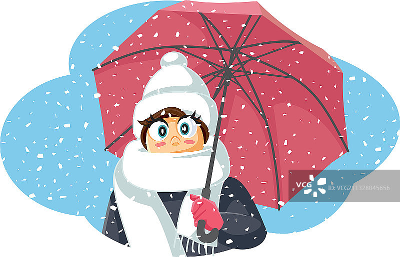 冬天的女孩在暴风雪中撑着伞图片素材