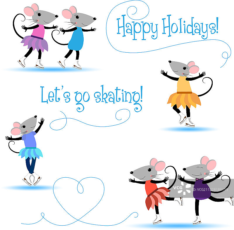 溜冰卡通老鼠冬季节日卡片图片素材