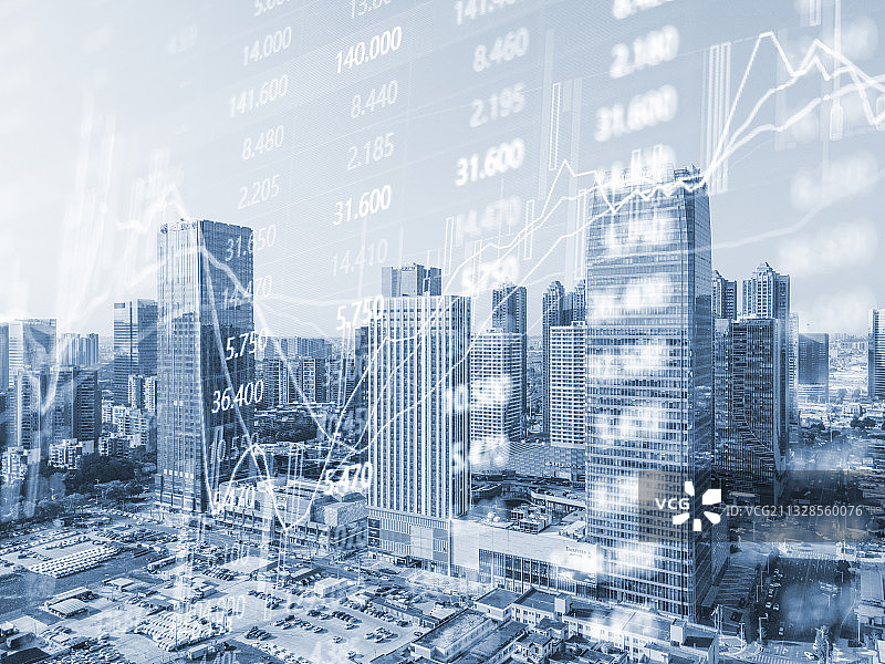 佛山城市建筑天际线和金融股市证券走势概念图片素材