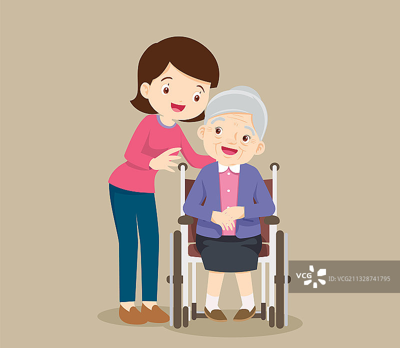 女人和奶奶坐在轮椅上图片素材