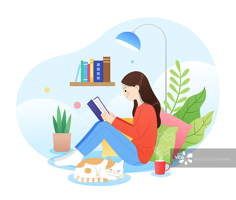 一个坐着看书的女孩和猫咪等图片素材
