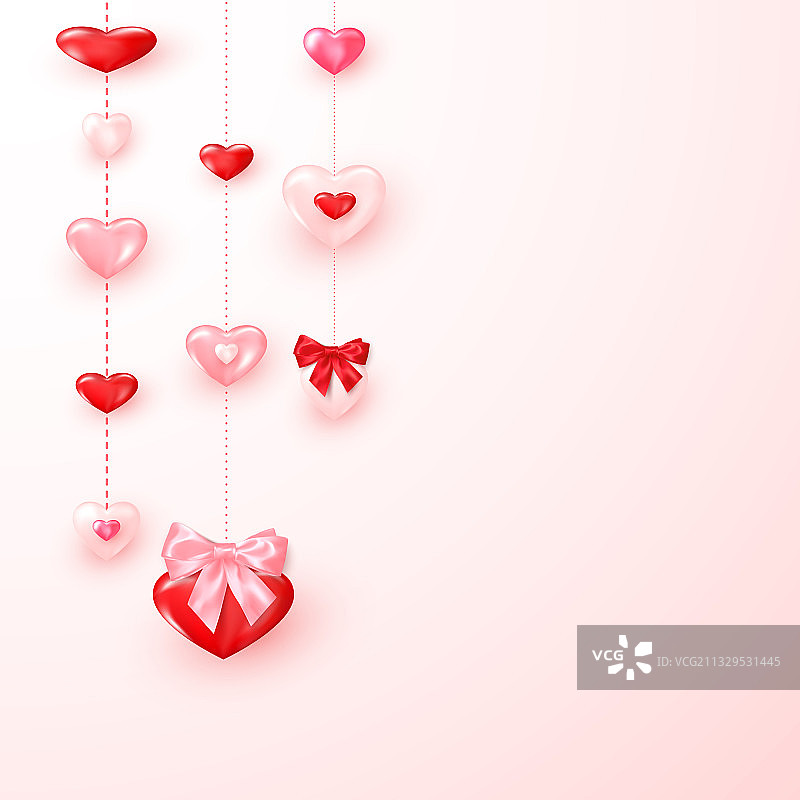 情人节卡片装饰成闪亮的红色和粉红色的心图片素材