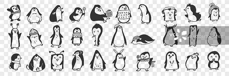 快乐企鹅鸟涂鸦集图片素材