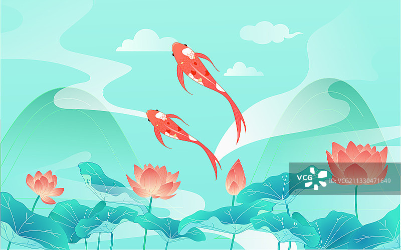 卡通夏天荷花池塘锦鲤中国风矢量插画素材图片素材
