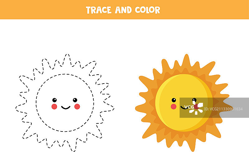追踪和彩色卡通可爱的太阳有趣的工作表图片素材