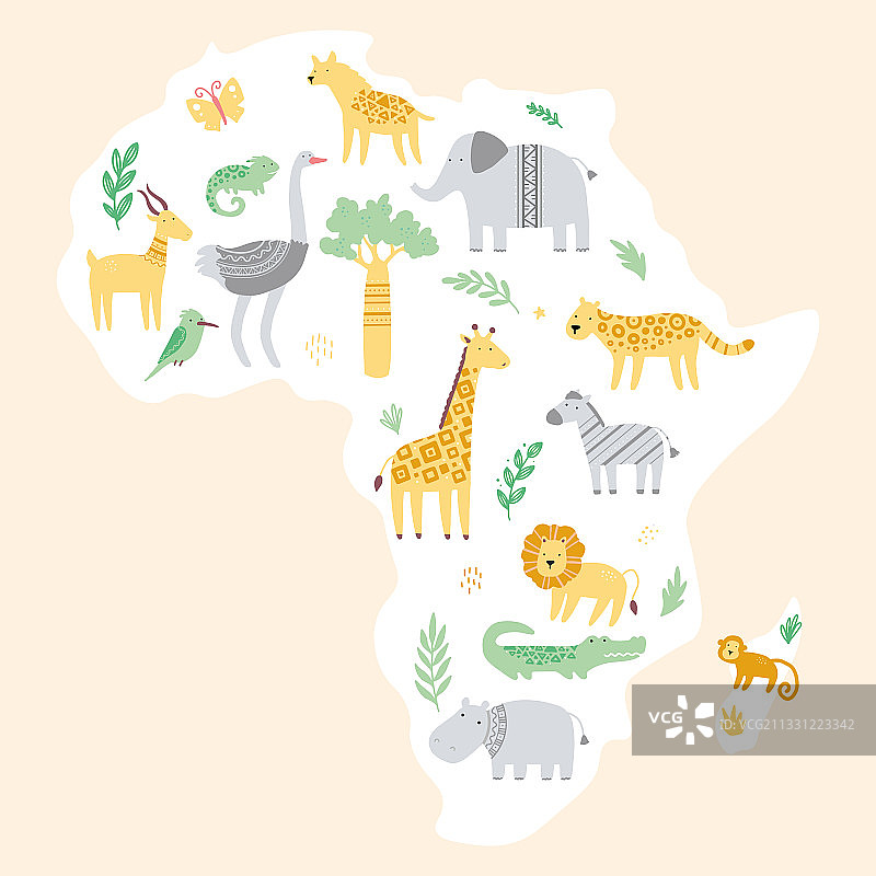 非洲地图与可爱的非洲动物园动物图片素材