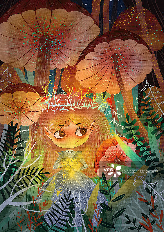 小女孩儿童插画星星夜晚森林蕨类植物图片素材