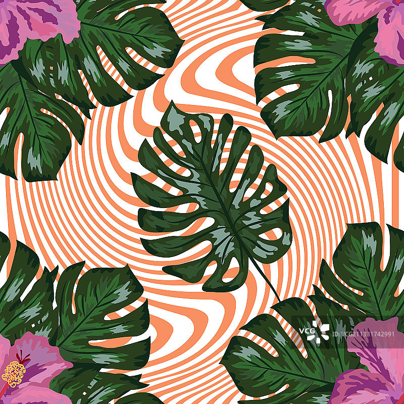 热带花和棕榈叶的背景图片素材
