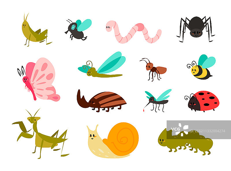 可爱的小虫子为卡通色彩斑斓的花园动物设置图片素材