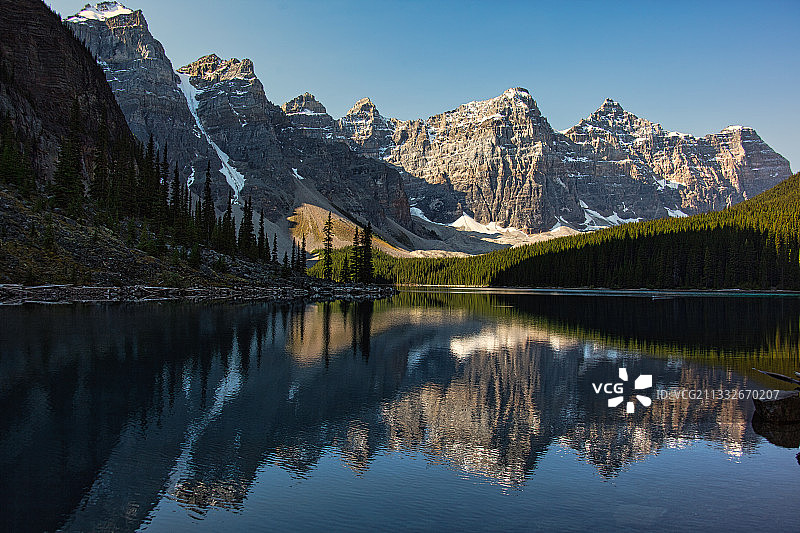 湖和山脉的风景与晴朗的天空，冰碛湖，阿尔伯塔，加拿大图片素材