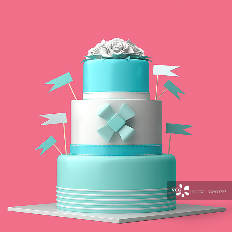 编辑图像的三维三层天蓝色蛋糕与旗帜和丝带装饰在粉红色的背景图片素材