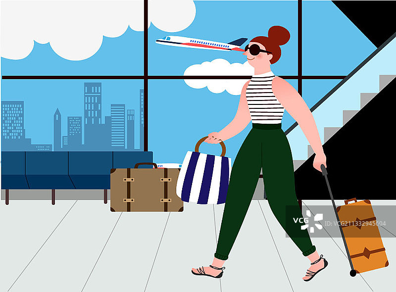 矢量插图的女人拿着包和提着手提箱走在机场图片素材