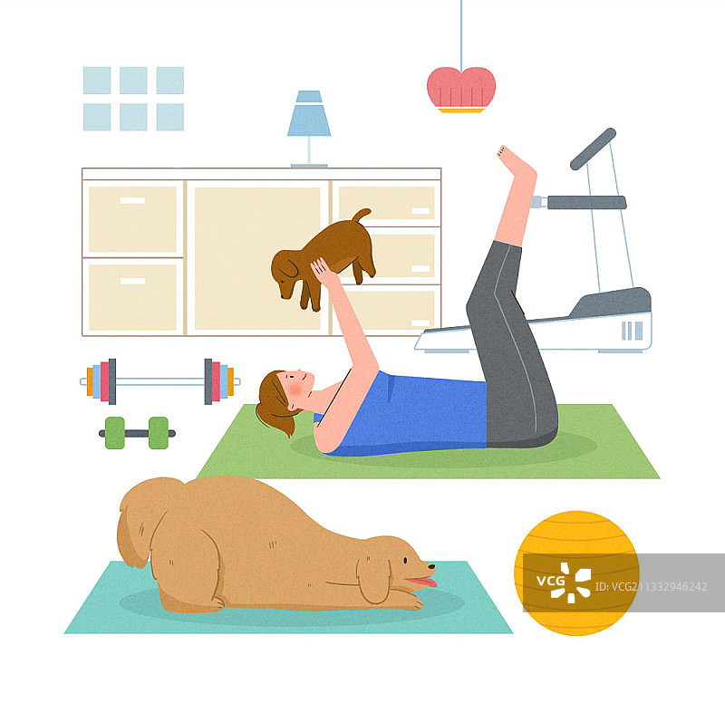 插图的女人伸展与小狗在瑜伽垫上图片素材