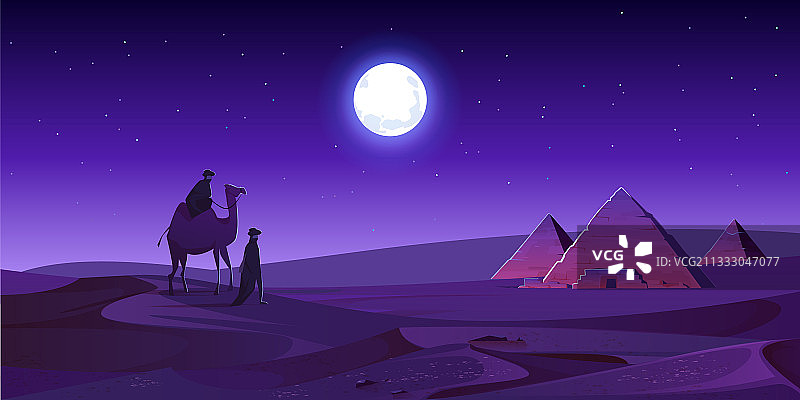 贝都因人在沙漠的夜晚步行去埃及金字塔图片素材