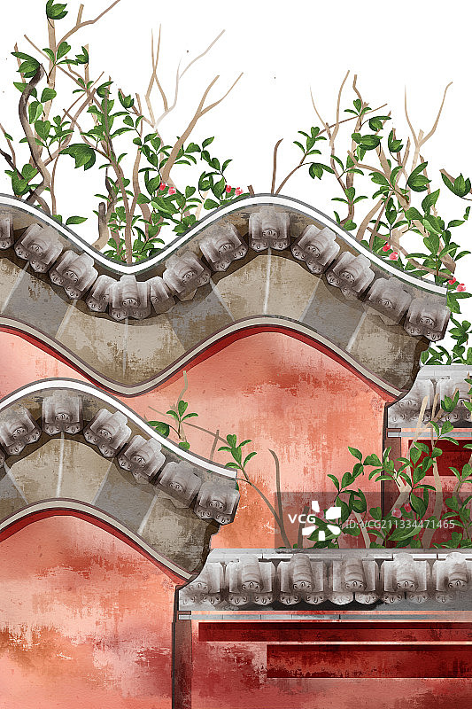 中国风故宫围墙绿树插画元素图片素材