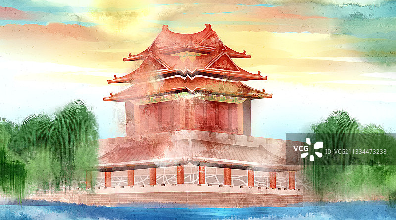 中国风故宫风景插画背景图片素材