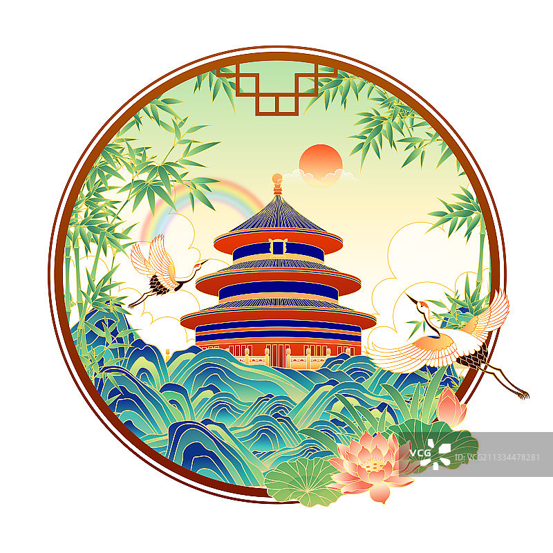 国风北京城市天坛古建筑矢量插画图片素材