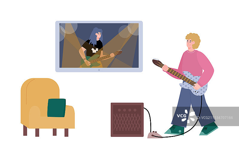 和一个弹吉他的人在网上学习音乐图片素材