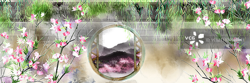 中国风春天的围墙插画背景图片素材