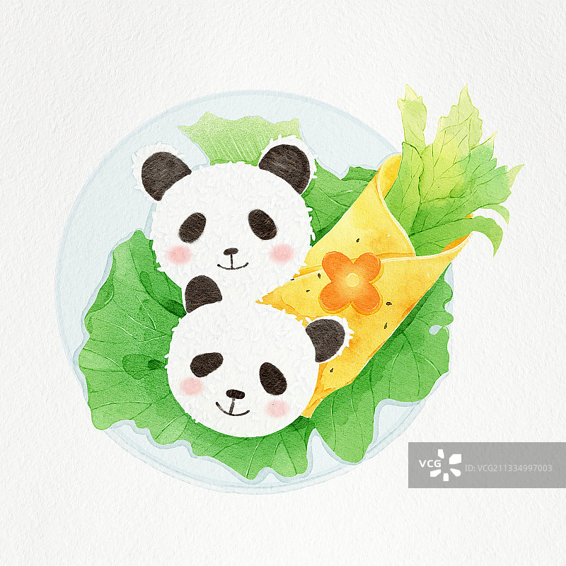 手绘小清新水彩熊猫蔬菜饭团图片素材