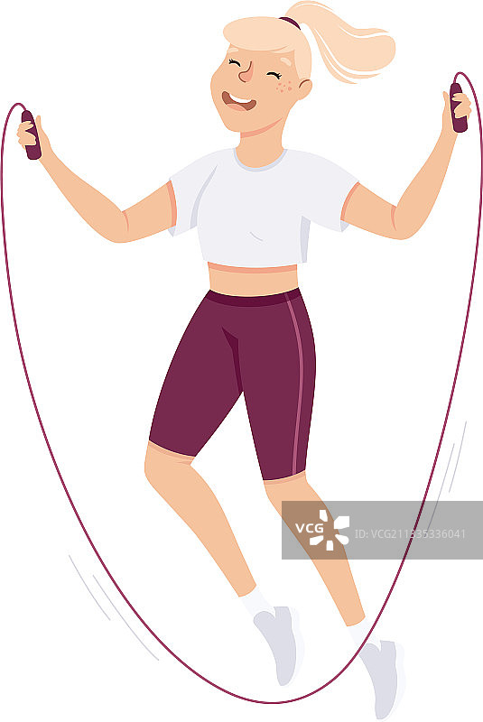 穿着运动服的金发女人在健身房跳绳或者图片素材