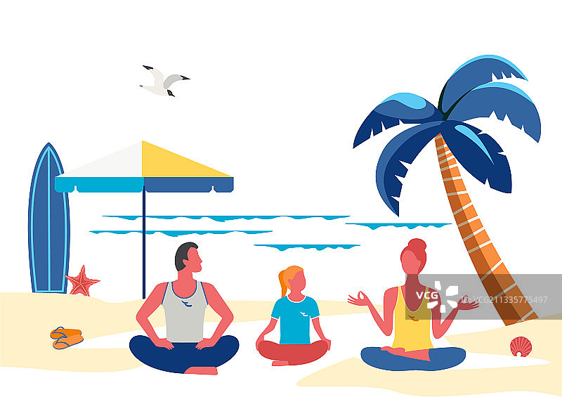 家庭瑜伽训练海边沙滩简约风格图片素材