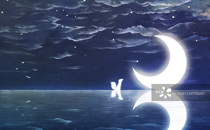 粉笔风格月亮月光狐狸水面夜空幻想世界想象力科幻插画图片素材