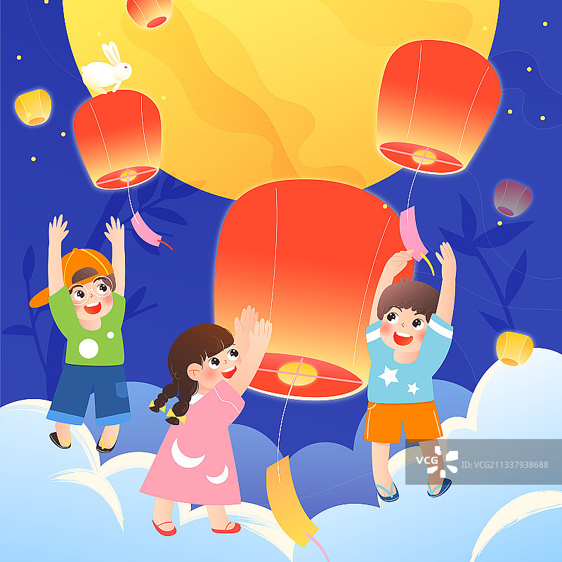 中秋节三个儿童在云端放孔明灯矢量插画方图图片素材