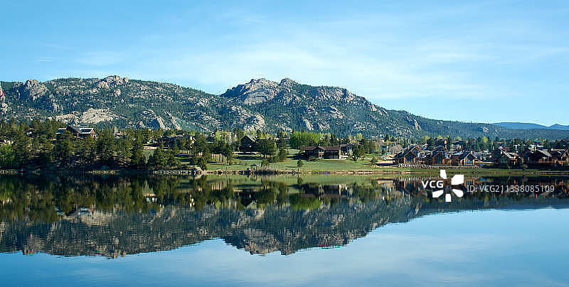 美国科罗拉多州埃斯特斯公园，美丽的湖泊和山脉映衬着蓝天图片素材