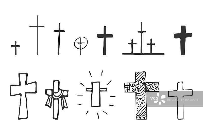 设置手绘基督教十字架孤立图片素材