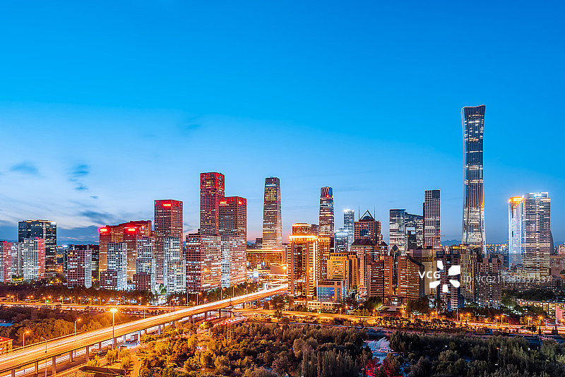 中国北京CBD建筑群高视角夜景风光图片素材