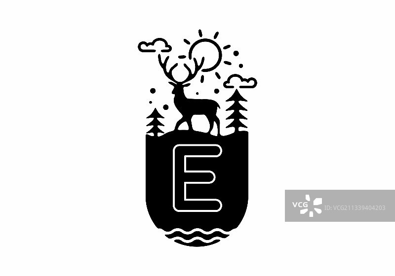 黑色线条艺术鹿徽章与e的初始名称图片素材