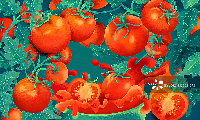 新鲜的番茄番茄汁藤叶噪点颗粒插画图片素材