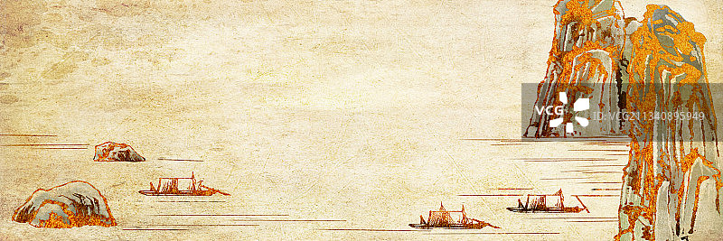 中国风金色边水墨传统华丽装饰奢靡风背景插图水山船图片素材