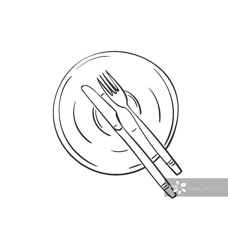 刀和叉放置在盘子里，手绘图片素材