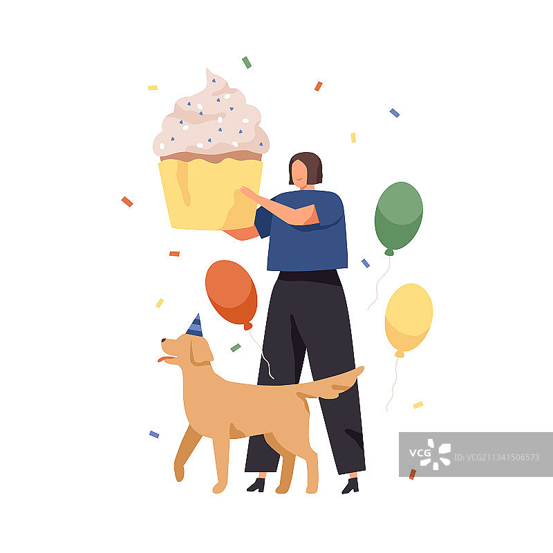 快乐的女人和狗狗的生日大蛋糕图片素材
