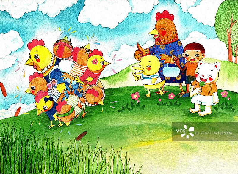 绘本插画母鸡小鸡系列-母鸡带着一群小鸡小鸭小猴和小猫图片素材