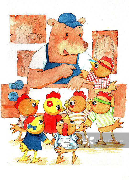 绘本插画母鸡小鸡系列-熊和小鸡图片素材