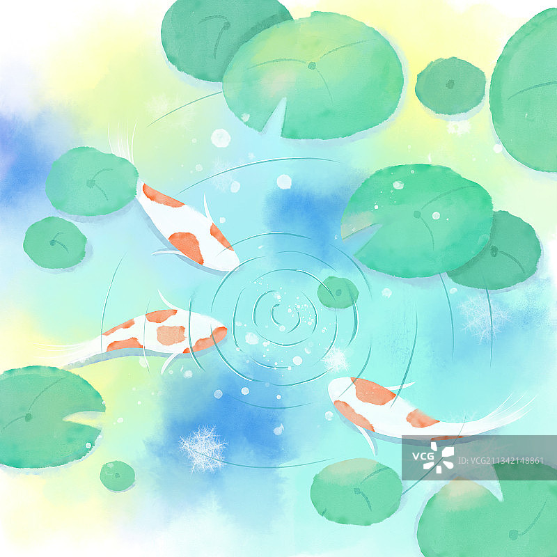 板绘仿水彩雨后荷塘锦鲤小景插画图片素材