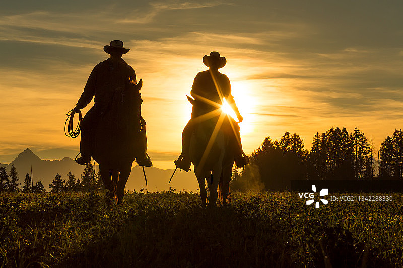加拿大，两名牛仔骑着马在夕阳中穿越草原，身后是山脉，不列颠哥伦比亚，加拿大。图片素材