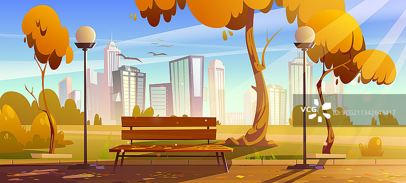 秋天公园里有橘子树和木凳图片素材