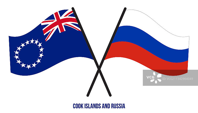 库克群岛和俄罗斯国旗交叉飘扬图片素材